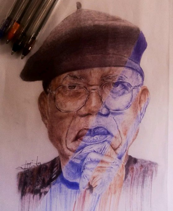 A detailed colored pencil portrait drawing of an elderly man wearing a beret and glasses, with his hand resting near his mouth in a thoughtful pose, created with brown and blue/purple tones.