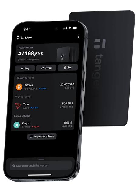 A smartphone displays the Tangem crypto wallet app showing a Family Wallet balance of $47,168.59 with Bitcoin, Tron, and Kaspa network holdings, alongside a black Tangem hardware wallet card.