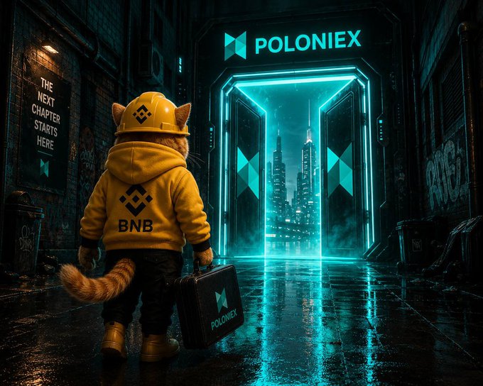 An anthropomorphic black cat in a suit carries a briefcase emblazoned with the "Poloniex" logo, with large arrows behind it symbolizing a listing—visually representing the new $BNBCAT token being listed on the Poloniex exchange.
