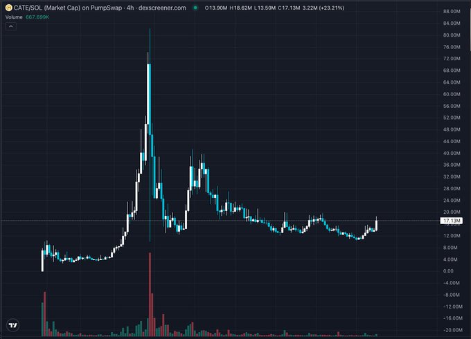 This is a 4-hour chart of CATE/SOL on PumpSwap, showing a current price of 17.13M and a volume of 667.699K, indicating a recent price increase.