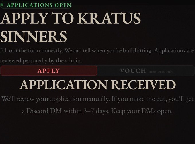 A website showing 'APPLY TO KRATUS SINNERS' application form with 'APPLICATIONS OPEN' status, containing instructions to fill out the form honestly and a success message 'APPLICATION RECEIVED' indicating manual review with Discord DM response within 3-7 days.