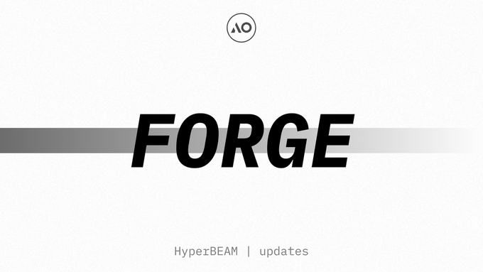 The image shows a white banner with black text that reads "FORGE" at the top, followed by a list of updates for the "AO node infra work today improved how FORGE handles package metadata". The focus of this image is on the word "FORGE", which appears in various sentences throughout the post.