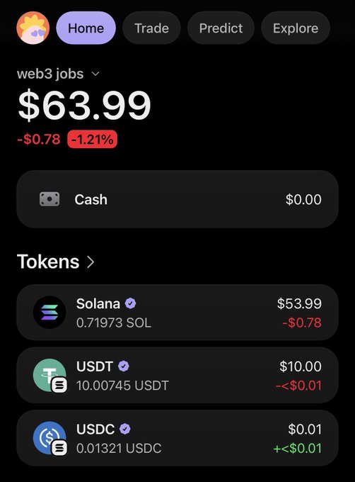 A mobile app wallet screen under the 'web3 jobs' profile showing a total balance of $63.99, with holdings in Cash, Solana ($53.99), USDT ($10.00), and USDC ($0.01).