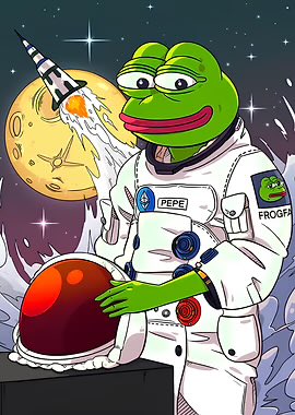 The cartoon depicts a Pepe the Frog character dressed as an astronaut labeled "PEPE" on a space suit, with a rocket launching from a moon in the background, humorously illustrating the post's commentary on SpaceX's Starship orbital achievement and $SPCX stock performance.
