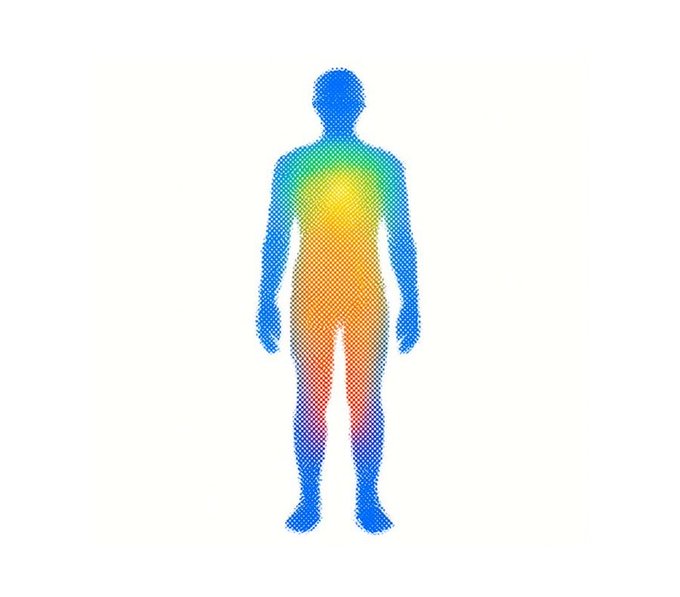 A colorful human silhouette gradient ranging from blue (head and extremities) to yellow, orange, and red (torso and thighs) against a white background, symbolizing the human body as the source of "taste" and creative essence highlighted in the post about Entropy's mission to capture human attention through AI.