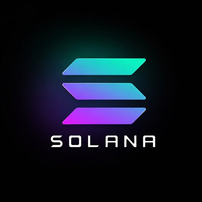 The image displays the Solana logo, featuring three stacked gradient parallelograms in teal, blue, and purple, with the word "SOLANA" in white text below, all set against a black background. It visually represents the cryptocurrency being referenced in the post about an "underbought solana project."