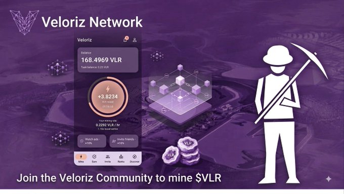The image is a promotional graphic for "Veloriz Network" featuring a user dashboard showing a balance of **168.4969 VLR** (+3.8234 VLR mined in 24h), with stats including 9,293 VLR mined, 7,495 active users, and 102+ friends invited, alongside a miner mascot icon and VLR token graphics.

The dashboard visually reinforces the post's message by displaying active mining metrics, showing how consistent 24-hour mining and community invites translate into growing VLR holdings as the network expands.