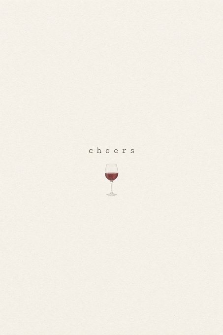 A minimalist cream-colored graphic featuring a small wine glass with red wine and the word 'cheers' written above it in simple typography.
