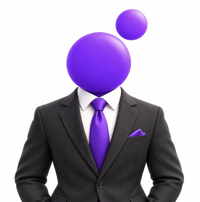 A stylized illustration of a businessperson in a dark suit with a purple tie and pocket square, featuring a purple sphere for a head accompanied by a smaller floating purple circle—evoking the MoonPay logo. The corporate yet mysterious imagery aligns with MoonPay's brand identity as they announce their search for an Enterprise Marketing Director.