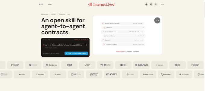 The image shows a landing page for the Internet Court Consortium, featuring the headline "An open skill for agent-to-agent contracts," with a visual highlighting recent deals and partnerships from organizations including NEAR, GenLayer, ZKsync, and Solana. The post's reference to Solana joining the consortium is reflected in the page's bottom logo strip, which displays Solana among the partner organizations enabling automated agent-to-agent contract capabilities.