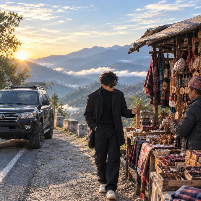 A cinematic scene of a stylish young man in a black coat browsing items at a roadside stall in a mountainous region at sunrise or sunset, with a black Toyota SUV parked nearby.