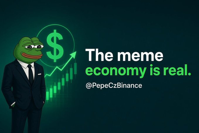 A graphic featuring the Pepe the Frog meme character wearing a suit next to a green dollar sign and an upward trending chart, with the text 'The meme economy is real.' and the handle '@PepeCzBinance'.
