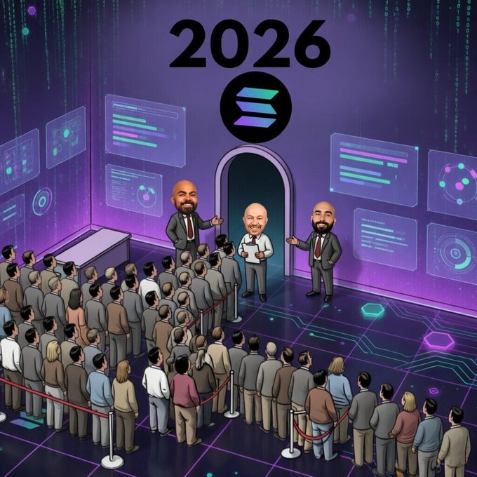 A cartoon illustration showing crowds of people lined up behind stanchions at a futuristic purple-toned venue with '2026' and a Solana logo above an archway, where three suited figures appear to be greeting attendees.