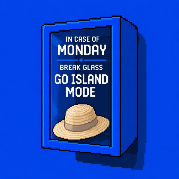 An emergency box with a straw hat inside is labeled "IN CASE OF MONDAY BREAK GLASS GO ISLAND MODE," suggesting a playful escape from the start of the week. This relates to the post by promoting a break from the usual grind with "island mode," likely a metaphor for a relaxing experience offered by MEXC0808 and MEXC0FEE.