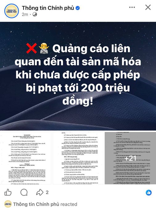A Vietnamese government information page ("Thông tin Chính phủ") shares a warning that advertising unlicensed crypto assets could result in fines up to 200 million VND, accompanied by legal document excerpts. The image relates to the post's humor about crypto airdrop promotions potentially falling under this new enforcement, joking that Vietnamese KOLs may need official certification before promoting exchange projects.