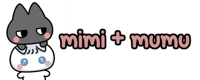 A cute cartoon illustration of a chubby dark gray cat sitting on top of a white round character, with pink bubble letters reading 'mimi + mumu'.