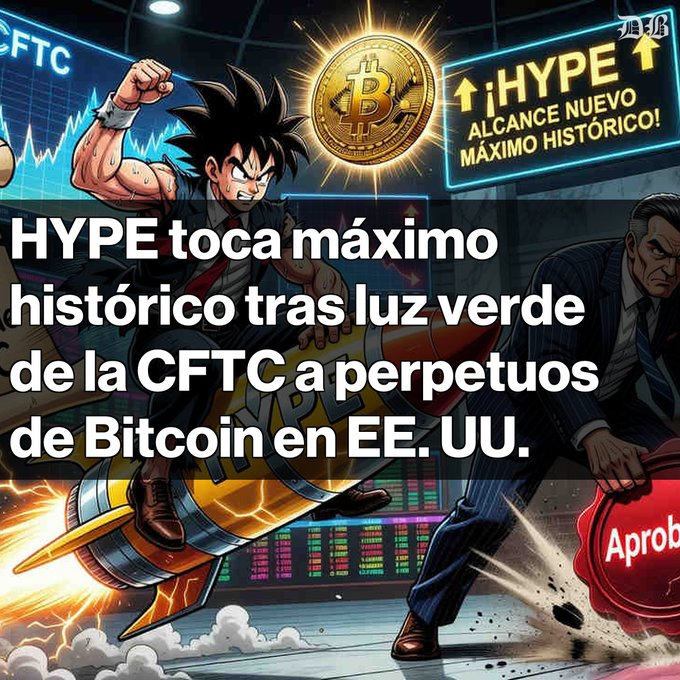 The image features a cartoon scene with two men dressed in suits, one wearing a dragon costume and the other a suit, standing next to each other. They are surrounded by various elements related to cryptocurrency, such as Bitcoin and Ethereum logos, and a banner that says "HYPE TOCA MÁXIMO MUNDIAL La CFTC aprueba el primer contrato perpetuo de Bitcoin en un exchange regulado de EE. UU." The image also includes text in Spanish about the hype surrounding Bitcoin and Ethereum exchanges.