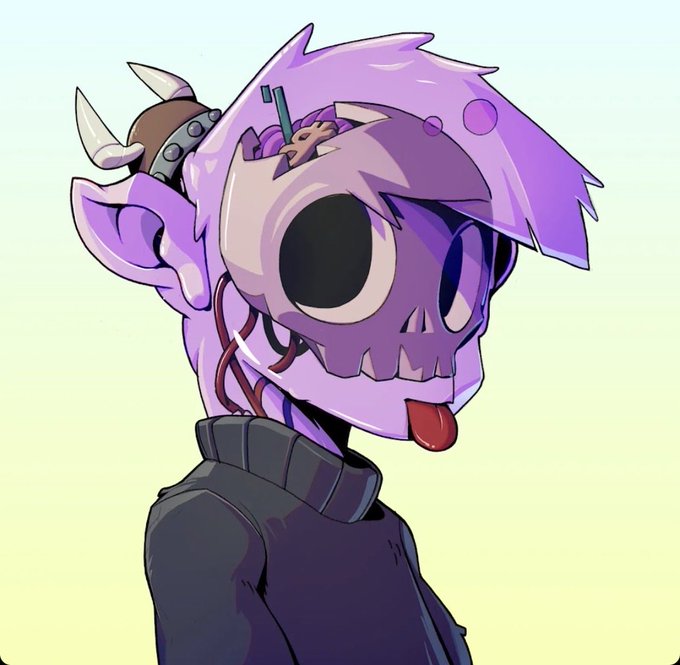 A cartoon illustration of a character wearing a purple skull mask with an exposed brain, horns, and a protruding tongue, dressed in a black turtleneck sweater against a soft pastel background.