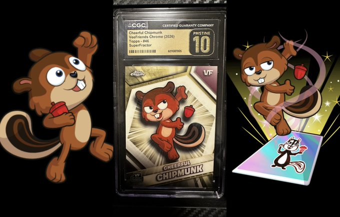 A graded CGC Pristine 10 trading card of 'Cheerful Chipmunk' (#46) from Topps' VeeFriends Chrome (2026) is displayed alongside two cartoon illustrations of a chipmunk character.