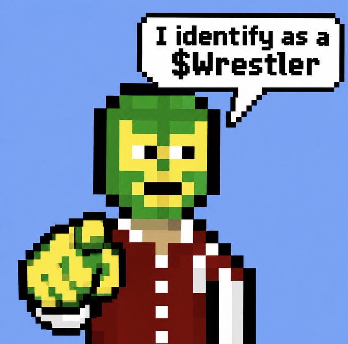 A pixel art meme of a green-skinned luchador character with a speech bubble saying 'I identify as a $Wrestler', holding a championship belt.