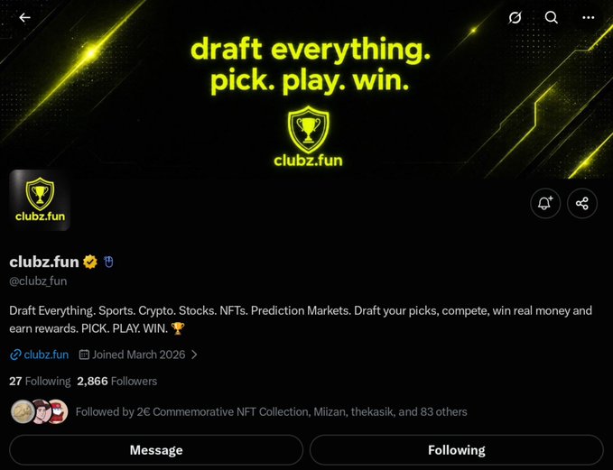 A Twitter profile page for 'clubz.fun' (@clubz_fun) with the banner 'draft everything. pick. play. win.', showing 2,866 Followers and joined in March 2026.