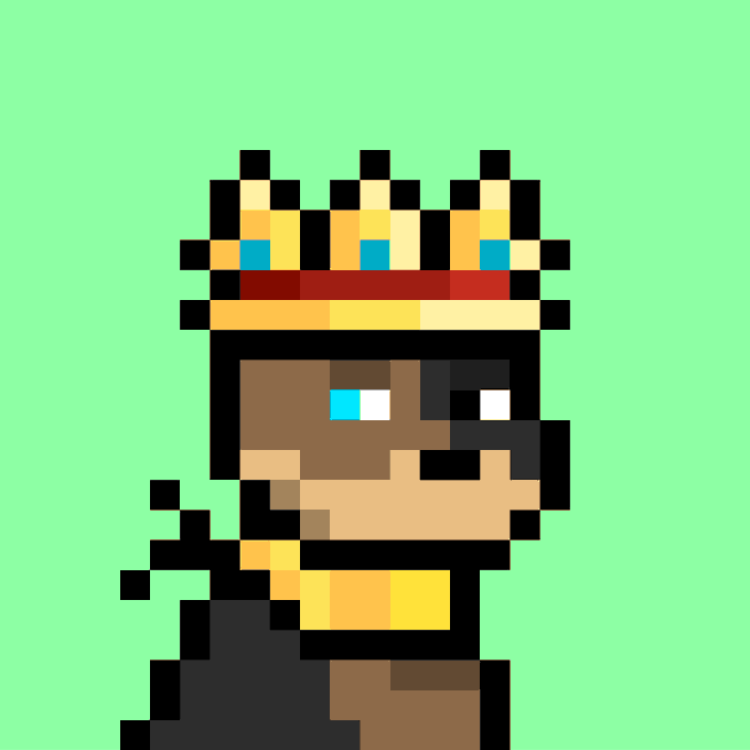 A pixel art portrait of a dog wearing a gold and red crown, displayed against a green background. The image serves as the visual representation for Doginal Dog #1887, a pixel-style NFT being sold for 69,000 DOGE.