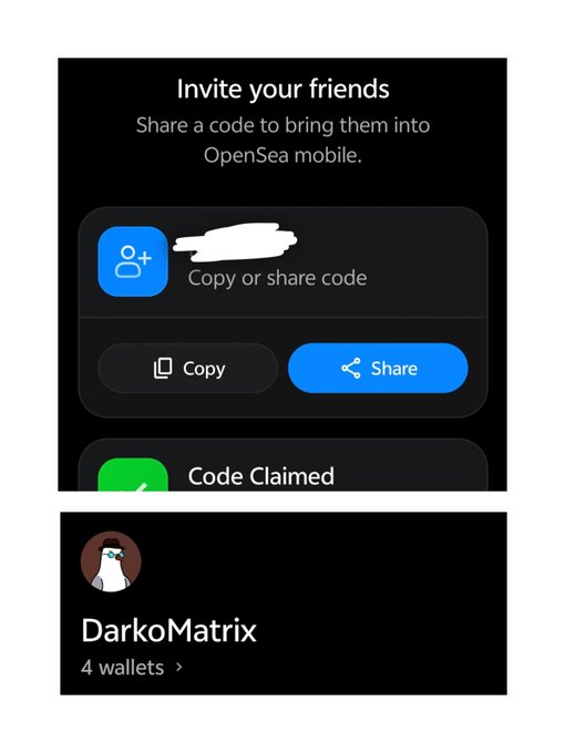 An OpenSea mobile invite screen showing 'Copy or share code' with a 'Code Claimed' option and the username 'DarkoMatrix' with 4 wallets.