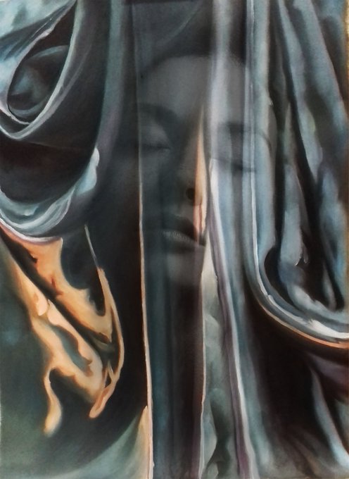 A hyperrealistic painting of a classical sculpture's draped gray fabric, with a human face subtly visible through the folds, and flames licking up from the lower left.