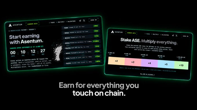 A promotional graphic for Asentum showing two dashboard screens with the text 'Earn for everything you touch on chain.' and information about staking ASE.