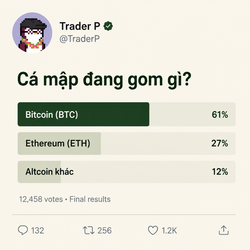 A Twitter/X poll screenshot from 'Trader P' (@TraderP) asking in Vietnamese 'Cá mập đang gom gì?' (What are sharks accumulating?), with results: Bitcoin (BTC) 61%, Ethereum (ETH) 27%, and other altcoins 12%.