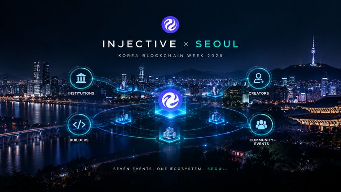 A promotional graphic for Injective x Seoul during Korea Blockchain Week 2026, featuring a night skyline of Seoul with icons representing Institutions, Builders, Creators, and Community Events, and the tagline 'Seven Events. One Ecosystem. Seoul.'