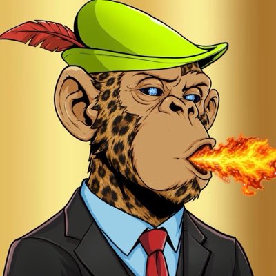 A cartoon illustration of a leopard-headed character wearing a green hat with a red feather, a black suit, white shirt, and red tie, breathing fire.