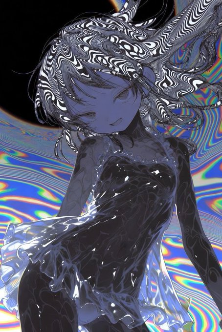 A digital anime-style illustration of a blue-skinned girl with flowing, swirling black-and-white hair wearing a dark dress, set against a colorful iridescent holographic background.