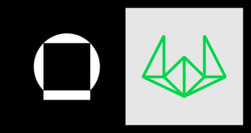 Two minimalist icons on black backgrounds: a white square logo on the left and a green geometric crown-like emblem on the right.