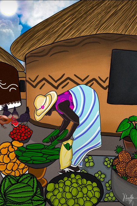 A village vendor in a straw hat and blue-striped dress bends over baskets of fresh produce, including cucumbers, oranges, watermelons, limes, and pineapples, beneath a thatched-roof hut. The artwork, signed "Khayeli '24," is a sold edition of "The Village Trader," with only four remaining before sell-out.