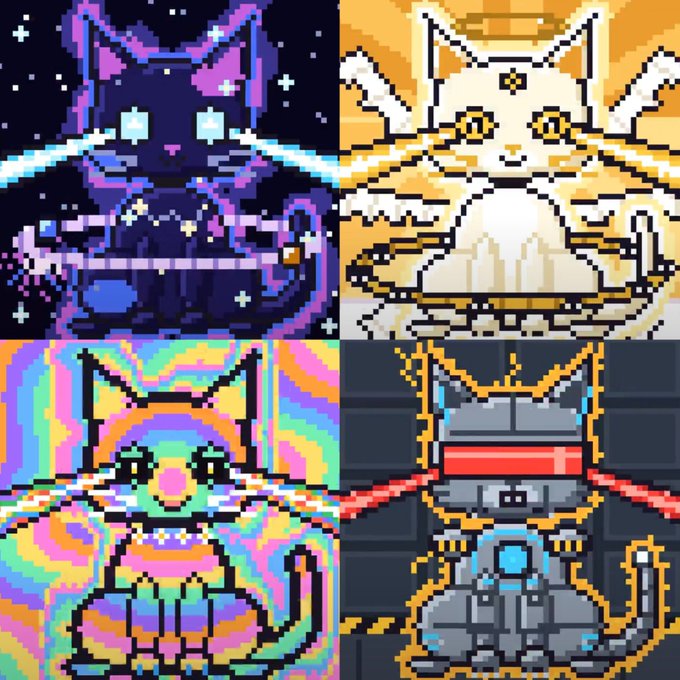 A four-panel pixel art illustration features stylized cats in different color palettes: a space-themed cat, a golden cat on clouds, a rainbow swirly cat, and a red-banded cybernetic cat.