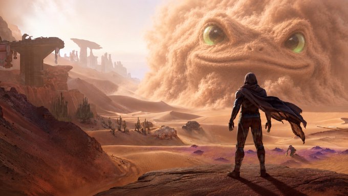 A fantasy digital artwork showing a cloaked figure standing on a rocky outcrop in a desert landscape, facing a giant sand creature with green eyes.