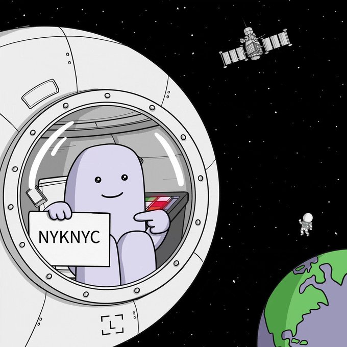A cartoon ghost-like astronaut floats in a spaceship holding a sign reading "NYKNYC," with a satellite, an astronaut, and Earth visible in the starry background—capturing the playful "gm" (good morning) vibe of the crypto community.