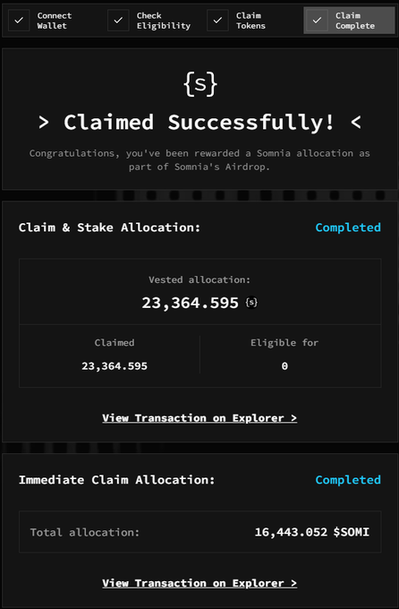 A Somnia airdrop claim success page showing all four steps completed (Connect Wallet, Check Eligibility, Claim Tokens, Claim Complete), with 23,364.595 vested and 16,443.052 $SOMI immediate allocation.