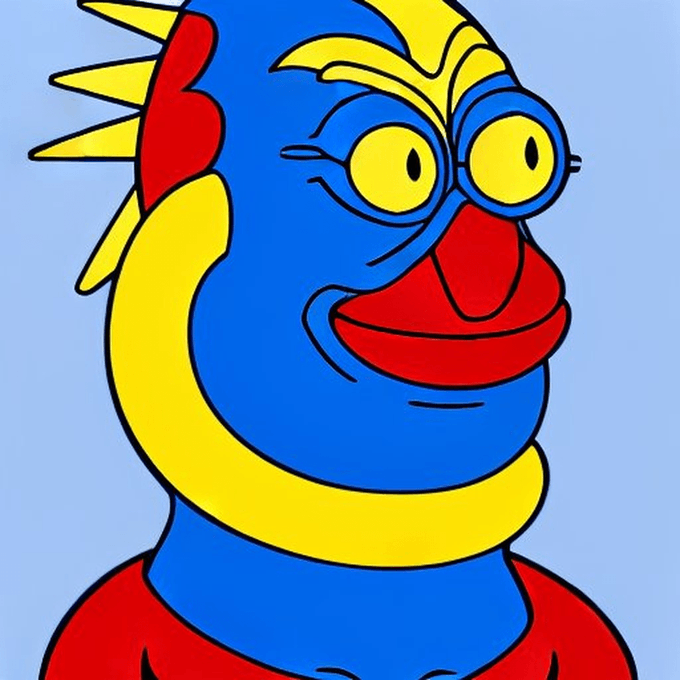 A cartoon illustration of a blue fish-like character with yellow fins, red lips, and round yellow goggles, set against a light blue background.