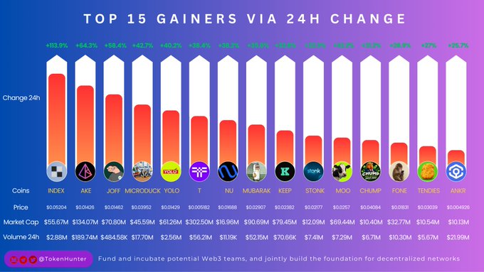 A blue and purple chart titled 'TOP 15 GAINERS VIA 24H CHANGE' listing cryptocurrencies including INDEX (+113.9%), AKE (+94.3%), JOFF (+88.4%), MICORDUCK (+42.7%), YOLO (+80.2%), T (+38.6%), NU (+36.9%), MUBARAK (+34.6%), KEEP (+33.5%), STONK (+31.3%), MOO (+30.8%), CHUMP (+29.4%), FCONE (+27%), TENDIES (+9.7%), and ANKR (+38.7%) from TokenHunters.