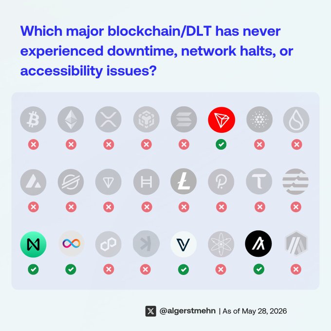 ?" Which major blockchain (DHT) has never experienced downtime, network halts, or accessibility issues?".