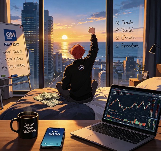 An anime-style illustration shows a character looking out a window at a sunset cityscape, with a whiteboard reading 'NEW DAY SAME GOALS SAME GOALS BIGGER DREAMS' and a checklist for 'Trade, Build, Create, Freedom.'