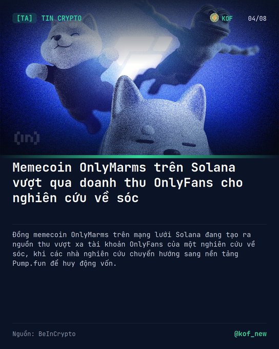 A Vietnamese news graphic from @kof_new titled 'TIN CRYPTO' about the memecoin OnlyMarms on Solana surpassing an OnlyFans researcher's earnings.