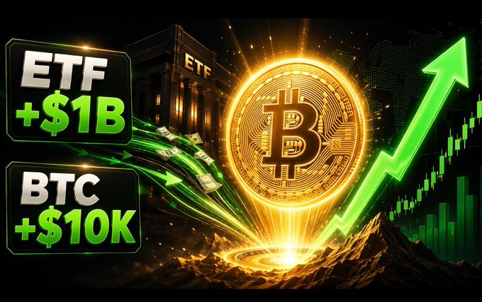 A promotional graphic showing a golden Bitcoin with text 'ETF +$1B' and 'BTC +$10K' alongside a green upward arrow trending chart.
