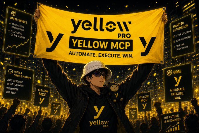 An anime-style promotional illustration featuring a character holding a yellow 'yellow PRO / YELLOW MCP - AUTOMATE. EXECUTE. WIN.' banner, surrounded by promotional signs.