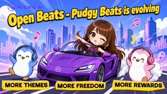 An advertisement banner for 'Open Beats - Pudgy Beats is evolving' featuring two cartoon penguins and a character in a purple car, with buttons for 'More Themes', 'More Freedom', and 'More Rewards'.
