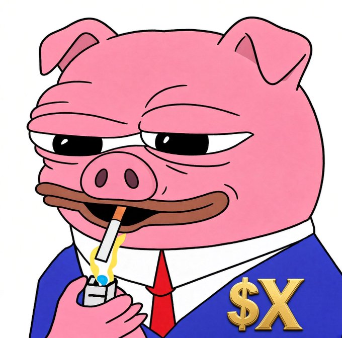 A cartoon illustration of a pink pig wearing a blue business suit with a red tie, smoking a cigarette and holding a lighter, with gold '$X' logo on the suit lapel.