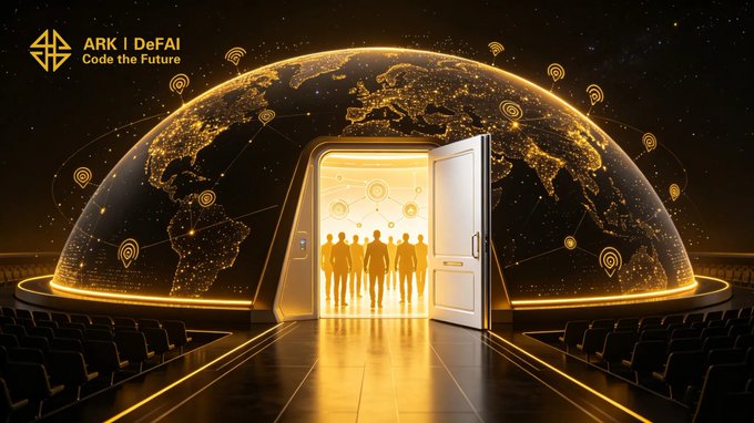 The image features a large globe with people standing around it, suggesting an event or gathering related to global Web3 participation. The globe serves as a backdrop for a door that has been opened, allowing access to a group of people inside. This scene is part of a promotional poster for Ark Invest, which aims to educate and engage users about the benefits of investing in Web3 projects.