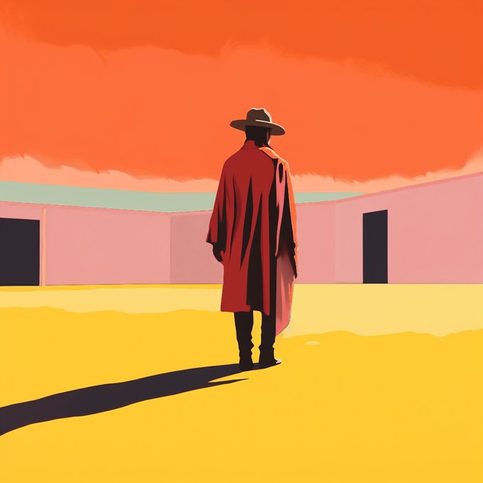 A stylized illustration of a lone figure in a red trench coat and wide-brimmed hat standing in a vast, minimalist landscape with a yellow ground and a flat orange sky.